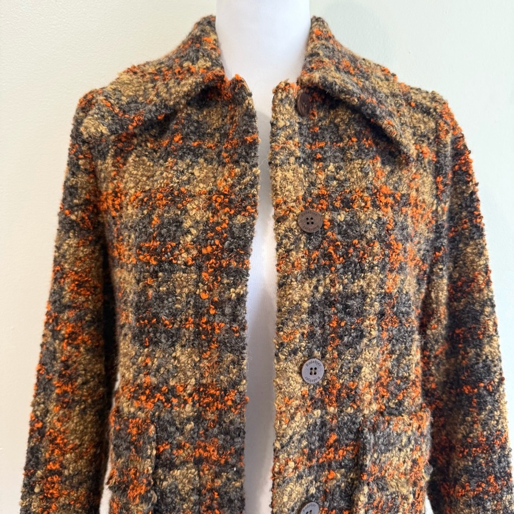 RODEBJER BROWN ORANGE GRAY PLAID COLLARED BUTTON UP BOEL BOUCLE TWEED JACKET - Picture 6 of 17